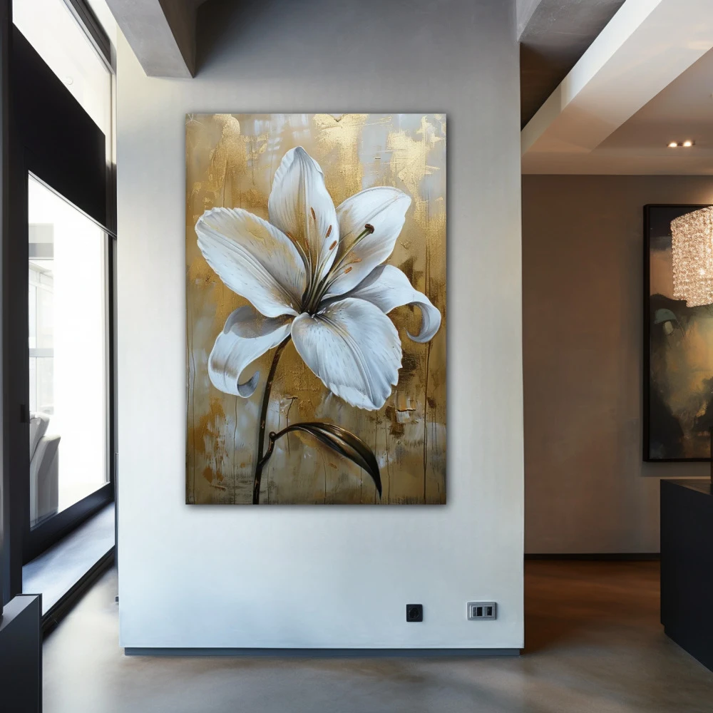 Wall Art titled: Petals Over Gold in a Vertical format with: white, and Golden Colors; Decoration the Entryway wall