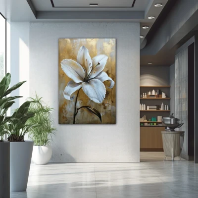 Wall Art titled: Petals Over Gold in a  format with: white, and Golden Colors; Decoration the Pharmacy wall