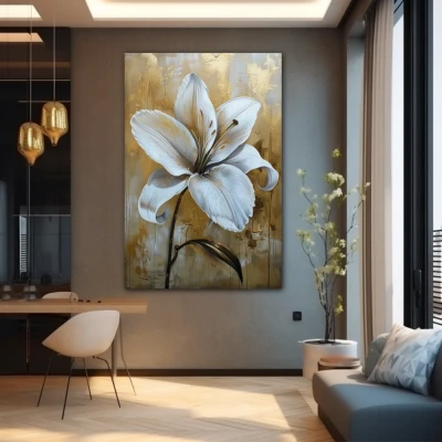 Wall Art titled: Petals Over Gold in a  format with: white, and Golden Colors; Decoration the Grey Walls wall