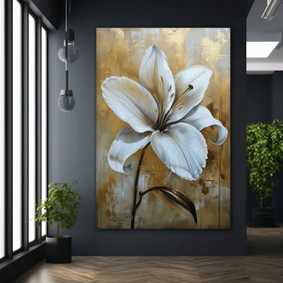 Wall Art titled: Petals Over Gold in a  format with: white, and Golden Colors; Decoration the Black Walls wall