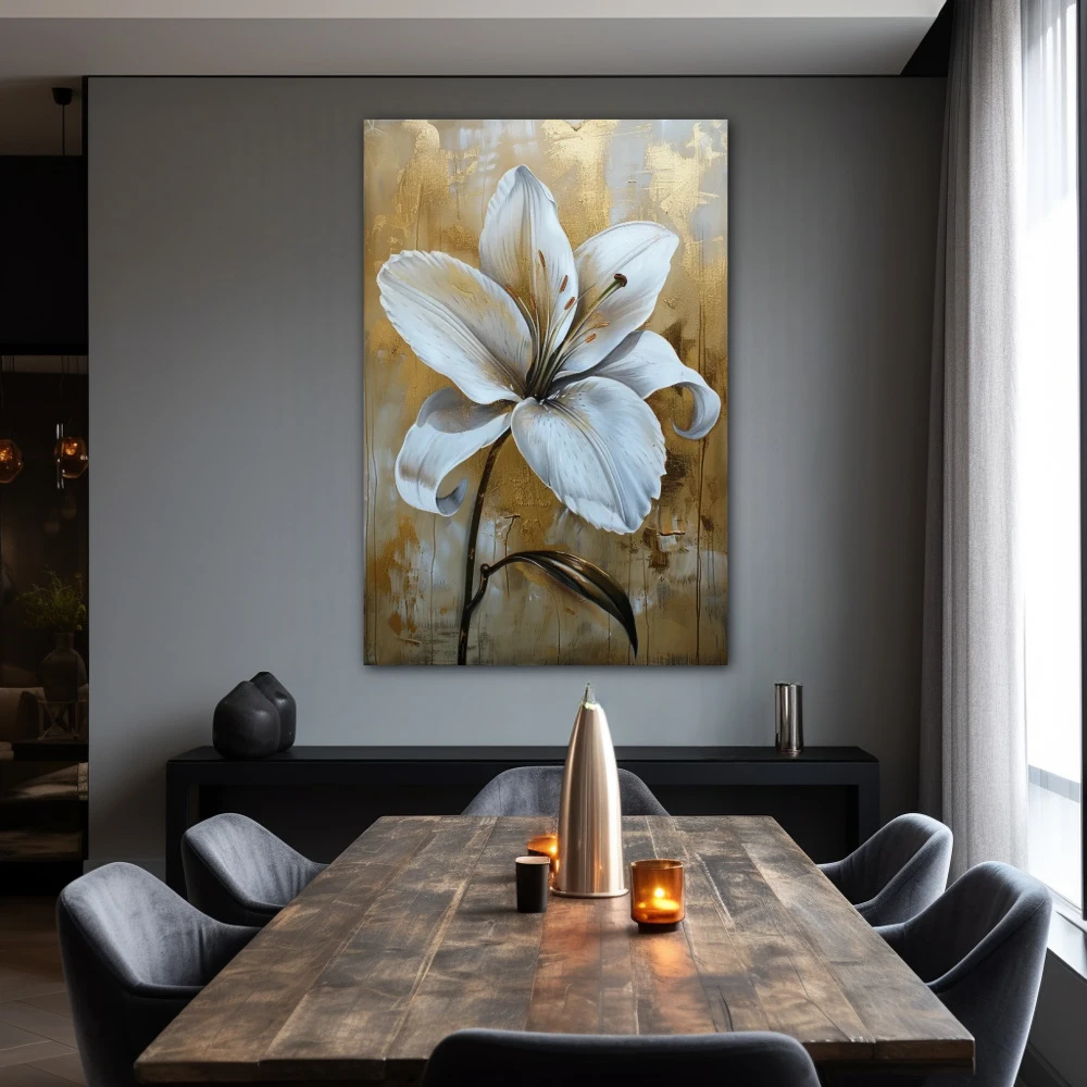 Wall Art titled: Petals Over Gold in a Vertical format with: white, and Golden Colors; Decoration the Living Room wall