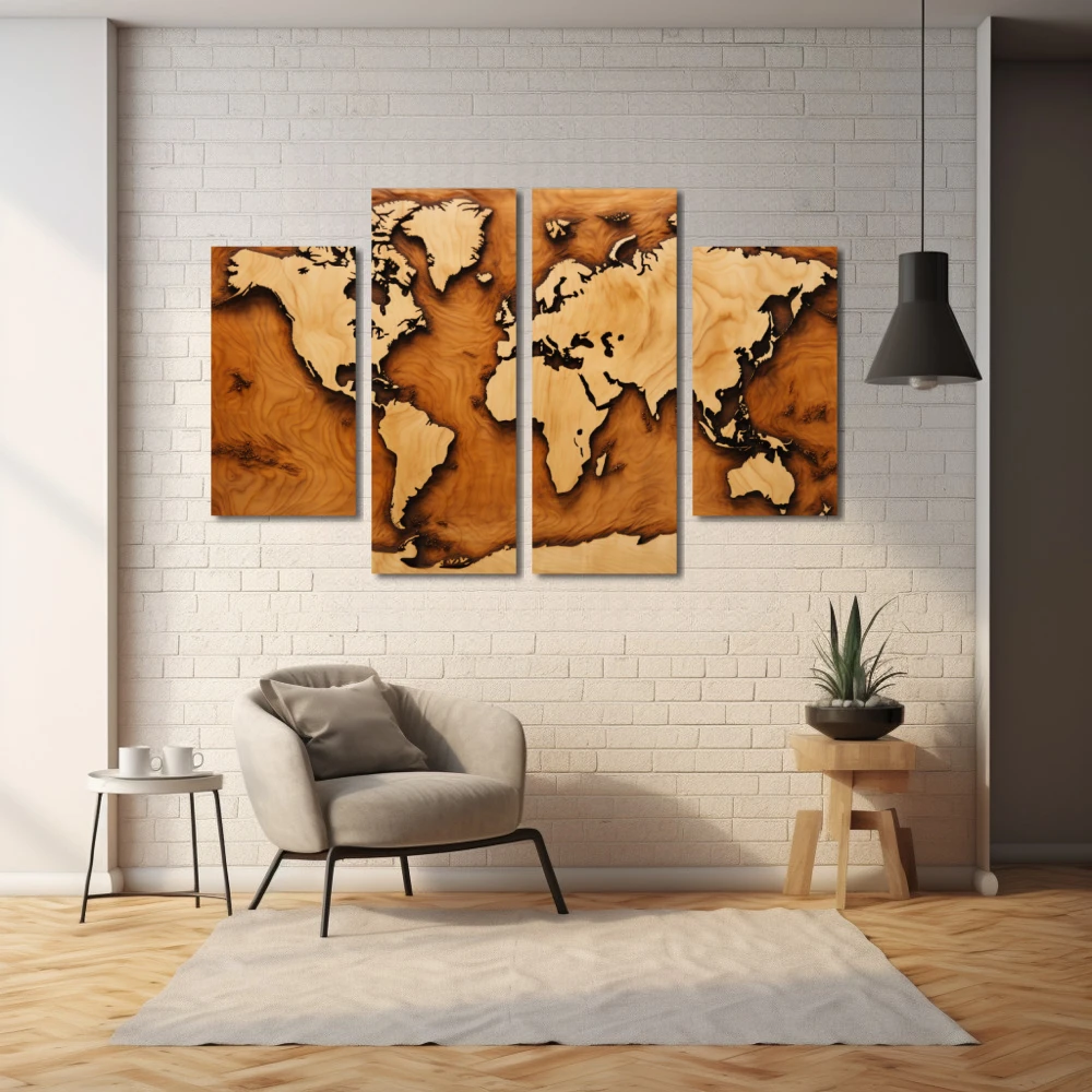 Cuadro la tierra es plana en formato políptico con colores marrón, beige; decorando pared ladrillos