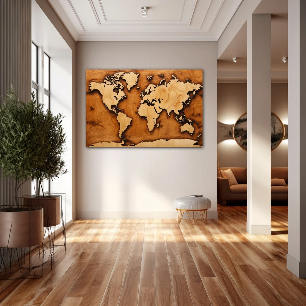 Cuadro la tierra es plana en formato horizontal con colores marrón, beige; decorando pared de pasillo