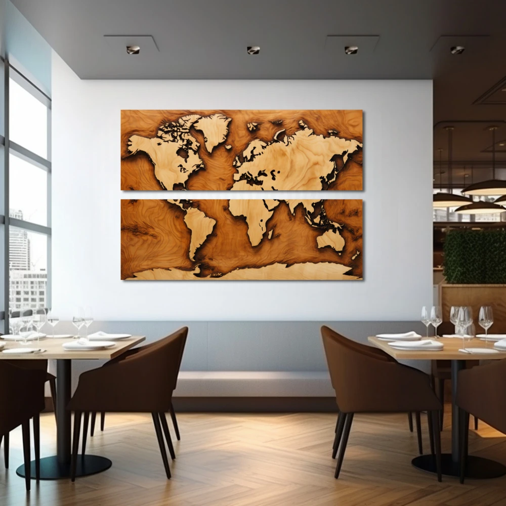Cuadro la tierra es plana en formato díptico con colores marrón, beige; decorando pared de restaurante