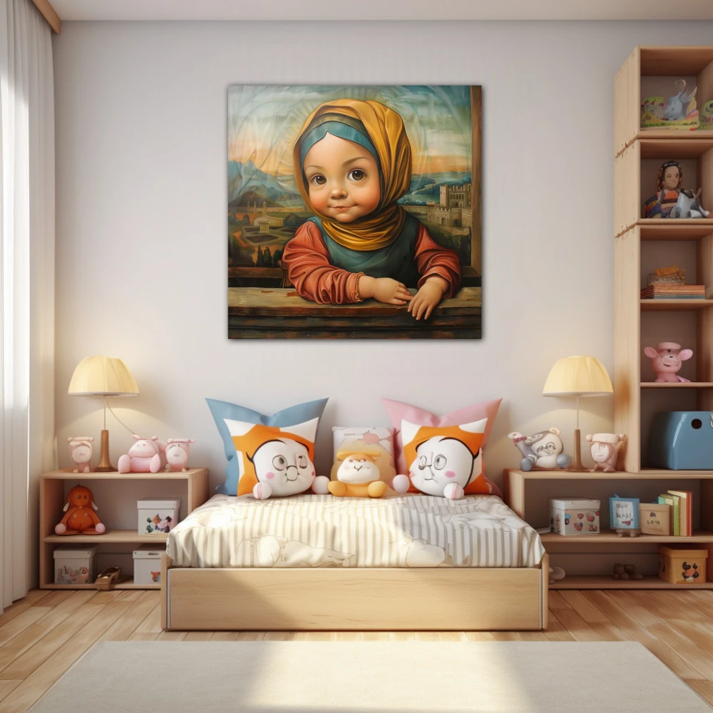 Cuadro little gioconda en formato cuadrado con colores azul, marrón, mostaza; decorando pared de dormitorio infantil