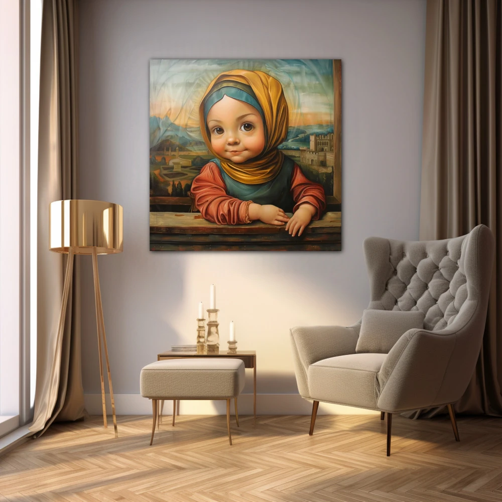 Wall Art titled: Little Gioconda in a Square format with: Blue, Brown, and Mustard Colors; Decoration the Living Room wall
