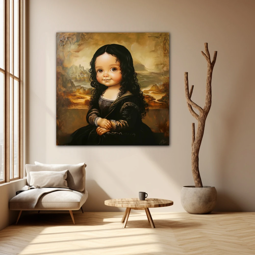 Wall Art titled: The Innocence of Gioconda in a Square format with: Brown, and Black Colors; Decoration the Beige Wall wall