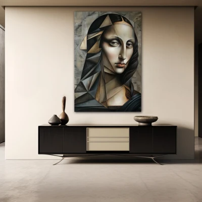 Wall Art titled: Cubist Mona in a  format with: Grey, and Monochromatic Colors; Decoration the Sideboard wall