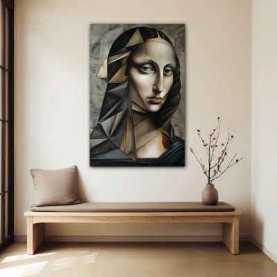 Wall Art titled: Cubist Mona in a  format with: Grey, and Monochromatic Colors; Decoration the Beige Wall wall