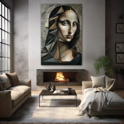 Wall Art titled: Cubist Mona in a  format with: Grey, and Monochromatic Colors; Decoration the Fireplace wall