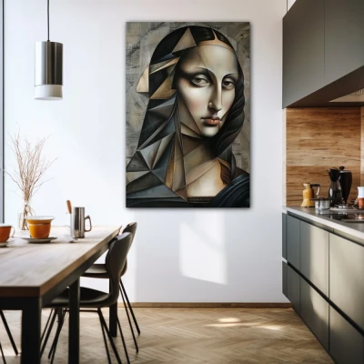Wall Art titled: Cubist Mona in a  format with: Grey, and Monochromatic Colors; Decoration the Kitchen wall