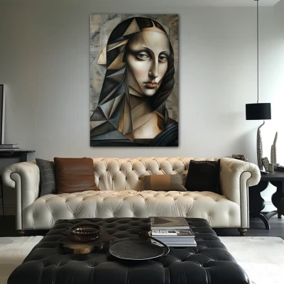 Wall Art titled: Cubist Mona in a  format with: Grey, and Monochromatic Colors; Decoration the Above Couch wall