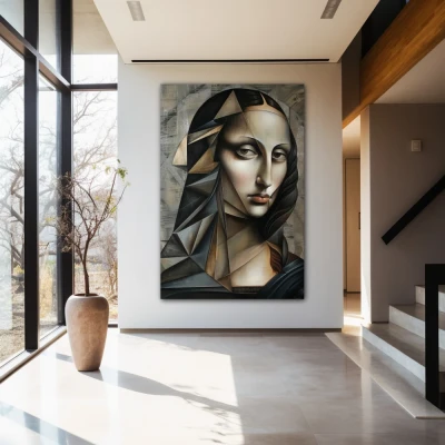 Wall Art titled: Cubist Mona in a  format with: Grey, and Monochromatic Colors; Decoration the Entryway wall