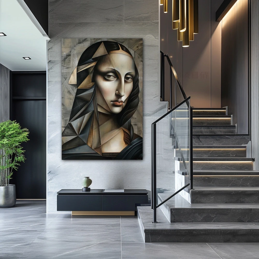 Wall Art titled: Cubist Mona in a Vertical format with: Grey, and Monochromatic Colors; Decoration the Staircase wall