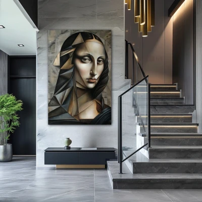 Wall Art titled: Cubist Mona in a  format with: Grey, and Monochromatic Colors; Decoration the Staircase wall