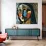 Wall Art titled: Facets of Gioconda in a Square format with: Blue, and Grey Colors; Decoration the Sideboard wall