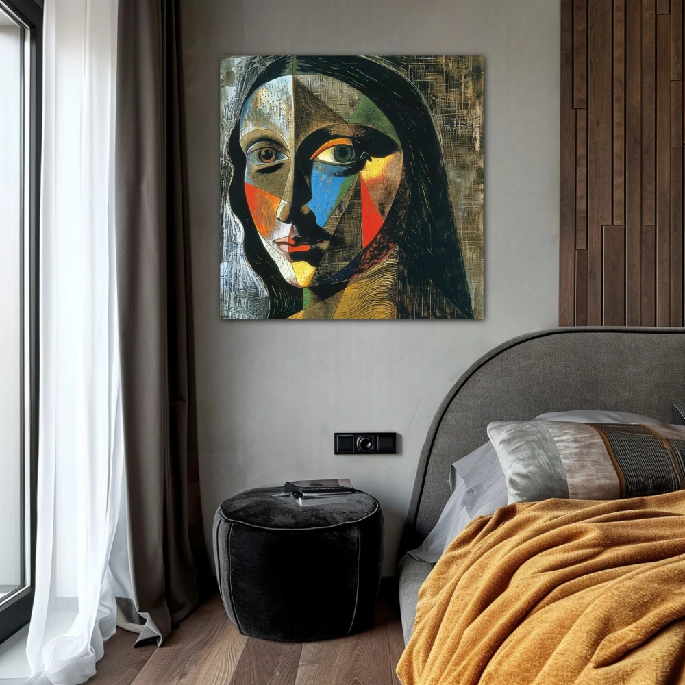 Wall Art titled: Facets of Gioconda in a Square format with: Blue, and Grey Colors; Decoration the Bedroom wall