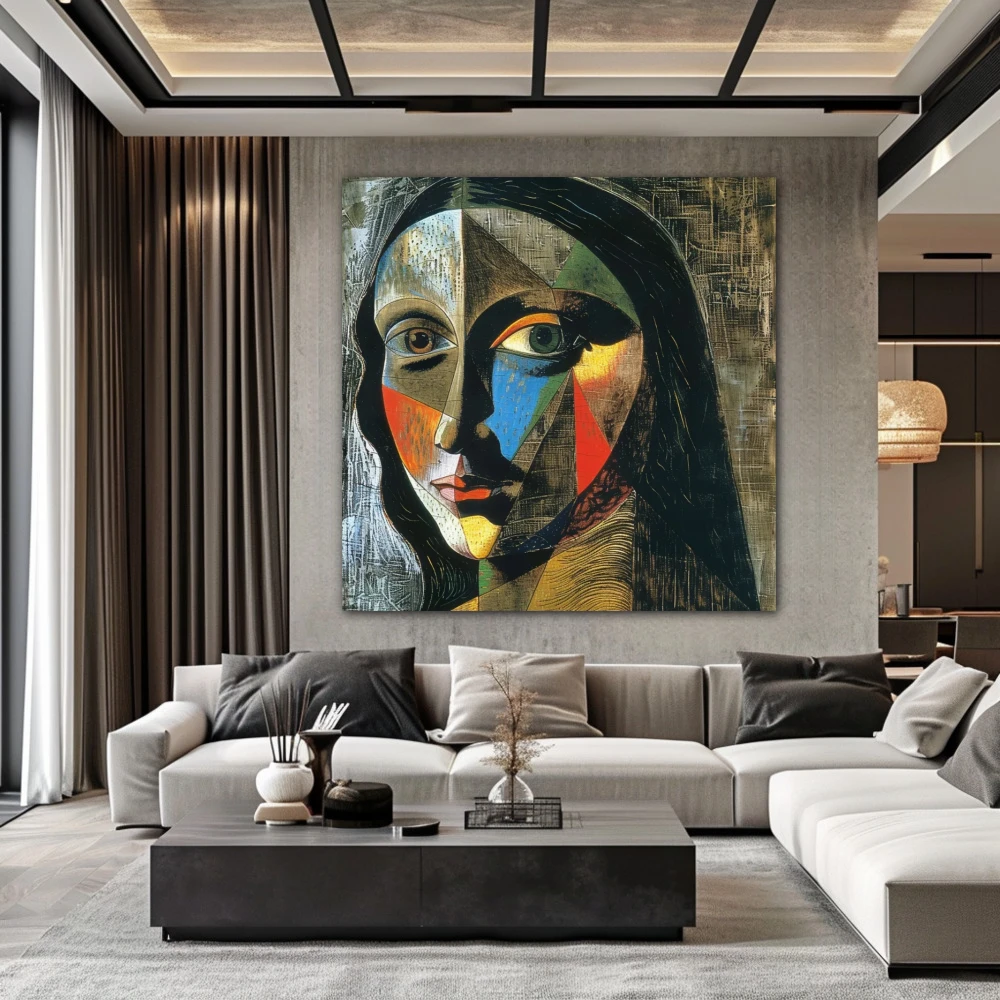 Wall Art titled: Facets of Gioconda in a Square format with: Blue, and Grey Colors; Decoration the Living Room wall
