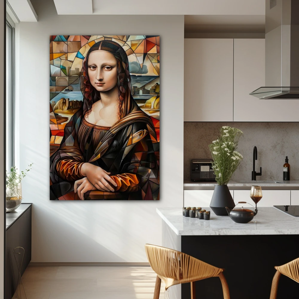 Wall Art titled: The Polyhedral Gioconda in a Vertical format with: Golden, and Brown Colors; Decoration the Kitchen wall
