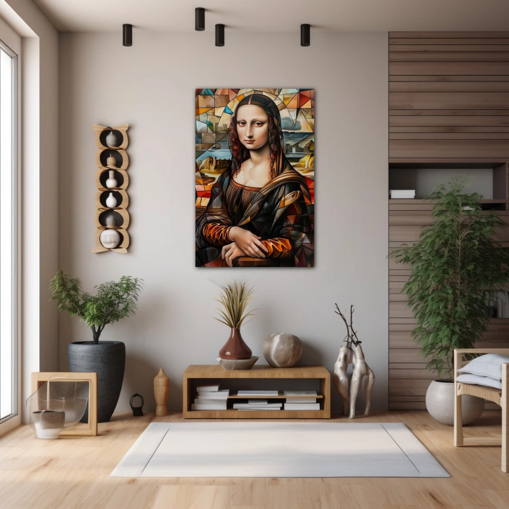 Wall Art titled: The Polyhedral Gioconda in a Vertical format with: Golden, and Brown Colors; Decoration the Hallway wall