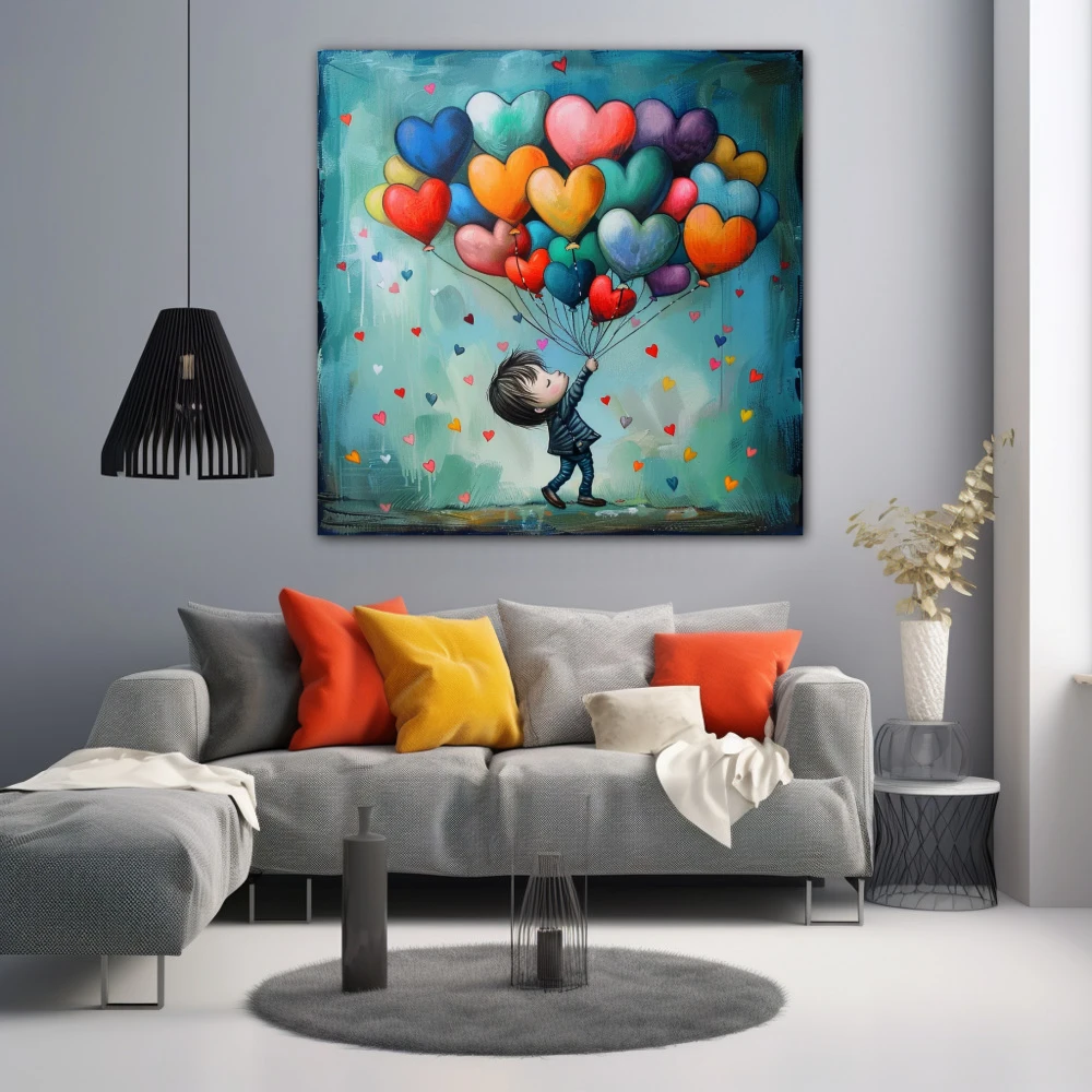 Wall Art titled: Rainbow of Infant Promises in a Square format with: Blue, Orange, and Red Colors; Decoration the Grey Walls wall