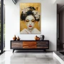 Wall Art titled: Golden Geisha in a Vertical format with: white, and Golden Colors; Decoration the Entryway wall