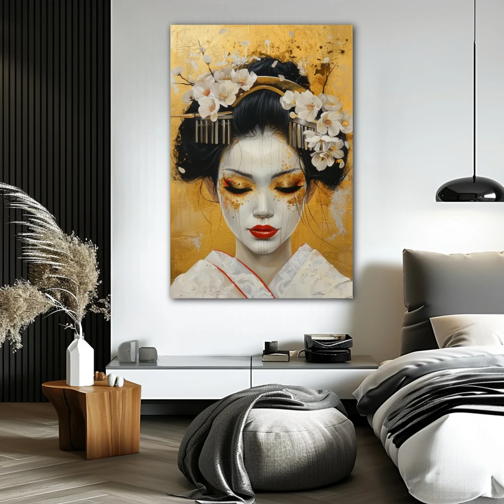 Cuadro geisha de oro en formato vertical con colores blanco, dorado; decorando pared de habitación dormitorio