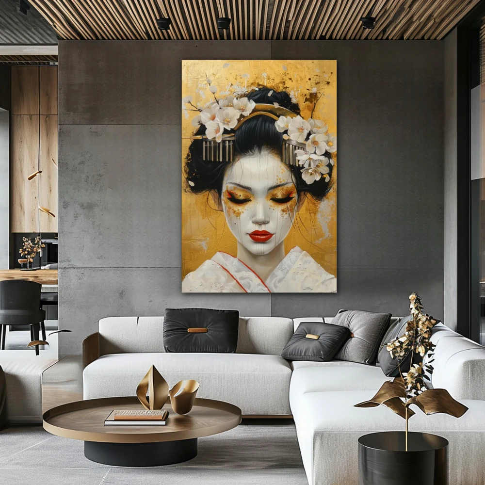 Cuadro geisha de oro en formato vertical con colores blanco, dorado; decorando pared de salón comedor
