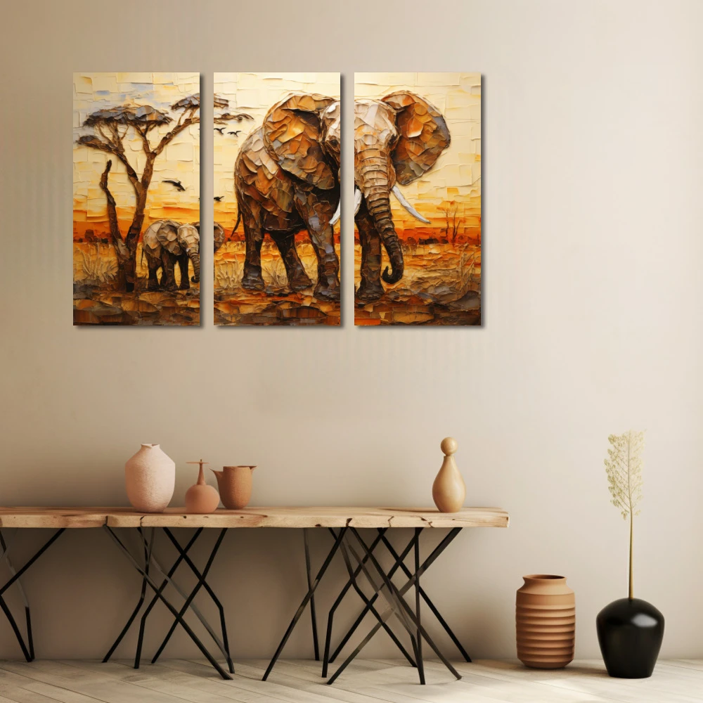 Wall Art titled: Guardians of the African Savanna in a Horizontal format with: Yellow, Brown, and Beige Colors; Decoration the Beige Wall wall