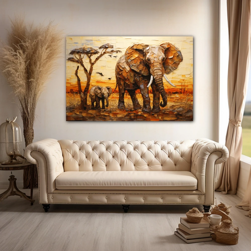 Wall Art titled: Guardians of the African Savanna in a Horizontal format with: Yellow, Brown, and Beige Colors; Decoration the Above Couch wall
