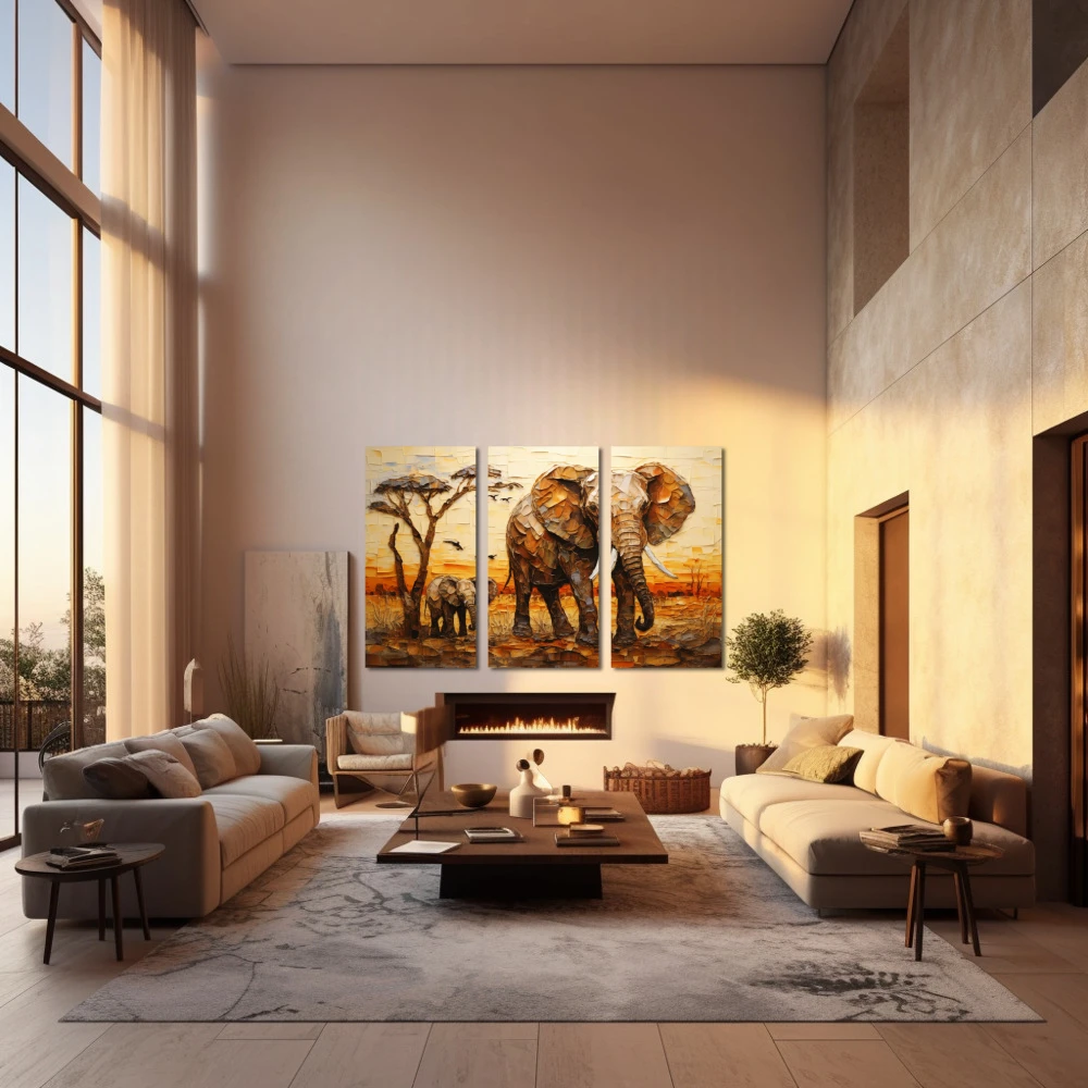 Wall Art titled: Guardians of the African Savanna in a Horizontal format with: Yellow, Brown, and Beige Colors; Decoration the Living Room wall
