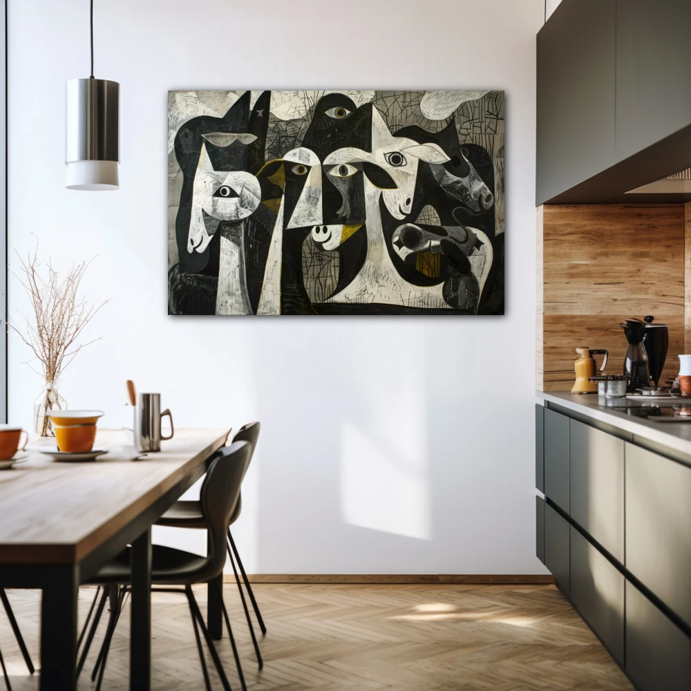Cuadro ovis nigra en formato horizontal con colores gris, negro, monocromático; decorando pared de cocina
