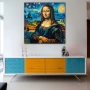 Wall Art titled: Starry Gioconda in a Square format with: Yellow, and Blue Colors; Decoration the Sideboard wall