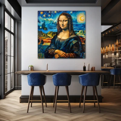 Wall Art titled: Starry Gioconda in a  format with: Yellow, and Blue Colors; Decoration the Bar wall