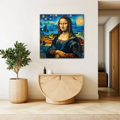 Wall Art titled: Starry Gioconda in a  format with: Yellow, and Blue Colors; Decoration the Beige Wall wall
