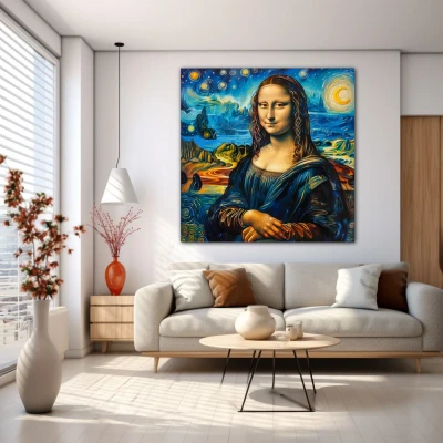 Wall Art titled: Starry Gioconda in a Square format with: Yellow, and Blue Colors; Decoration the White Wall wall