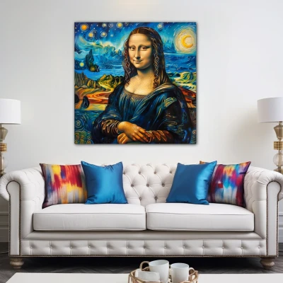 Wall Art titled: Starry Gioconda in a  format with: Yellow, and Blue Colors; Decoration the Above Couch wall