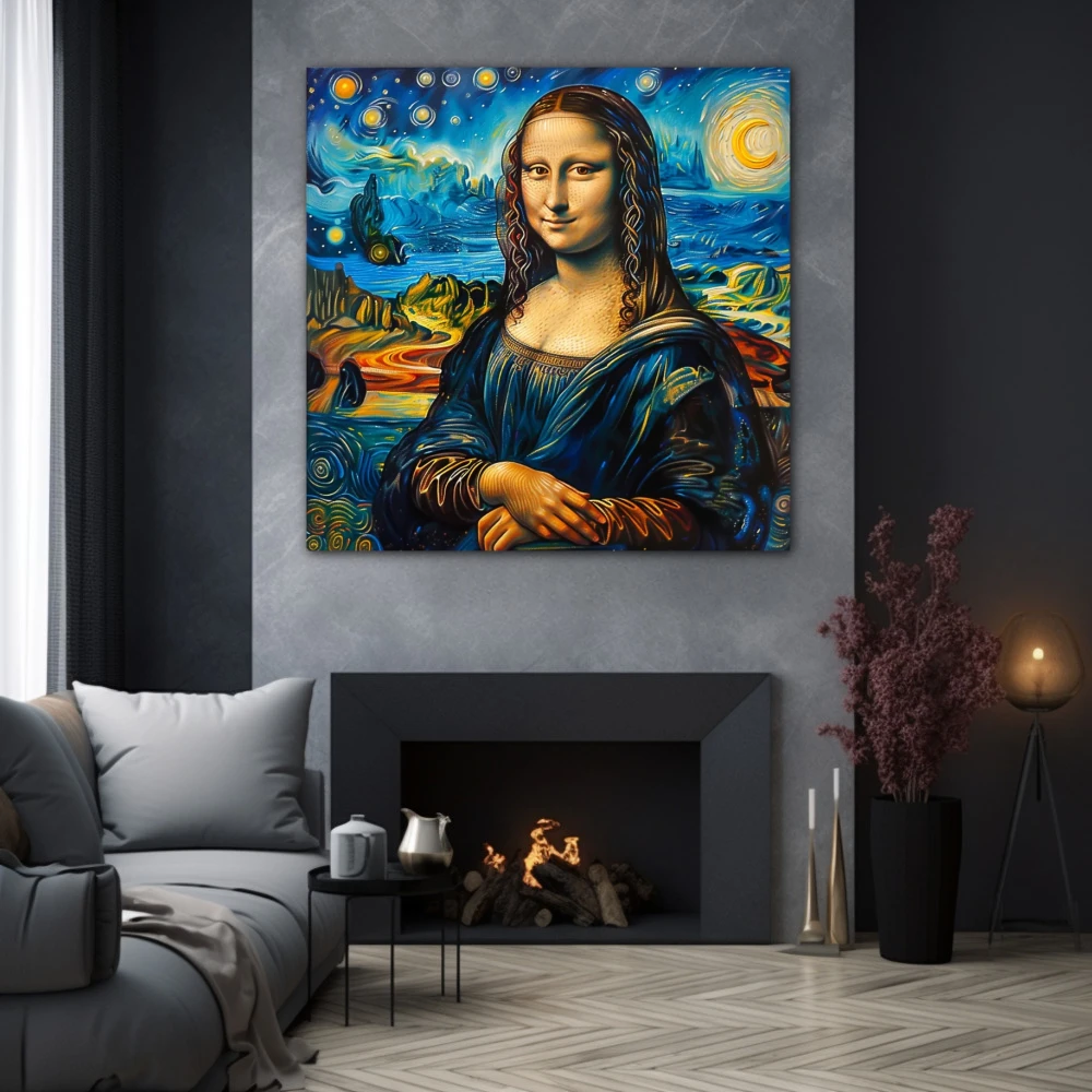 Wall Art titled: Starry Gioconda in a Square format with: Yellow, and Blue Colors; Decoration the Grey Walls wall