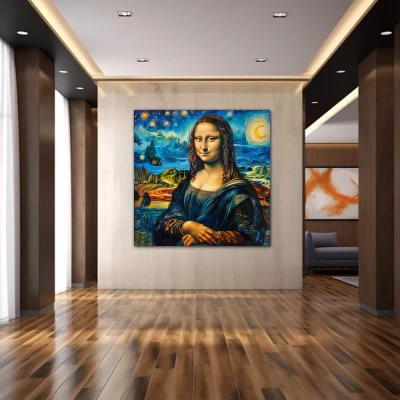 Wall Art titled: Starry Gioconda in a  format with: Yellow, and Blue Colors; Decoration the Hallway wall