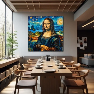 Wall Art titled: Starry Gioconda in a  format with: Yellow, and Blue Colors; Decoration the Restaurant wall