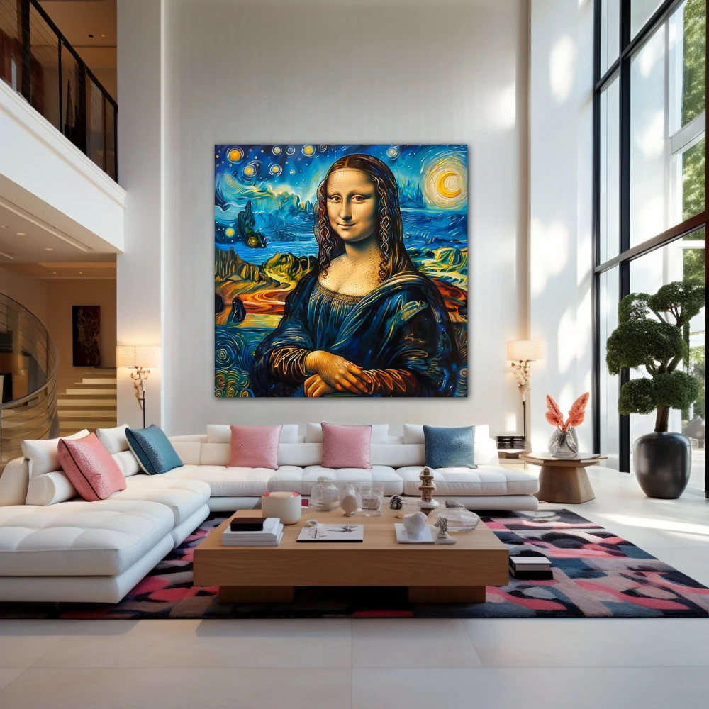 Wall Art titled: Starry Gioconda in a Square format with: Yellow, and Blue Colors; Decoration the Living Room wall