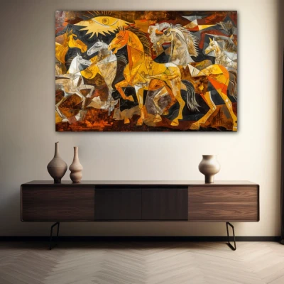 Wall Art titled: Equine Fragments in a  format with: Yellow, and Brown Colors; Decoration the Sideboard wall