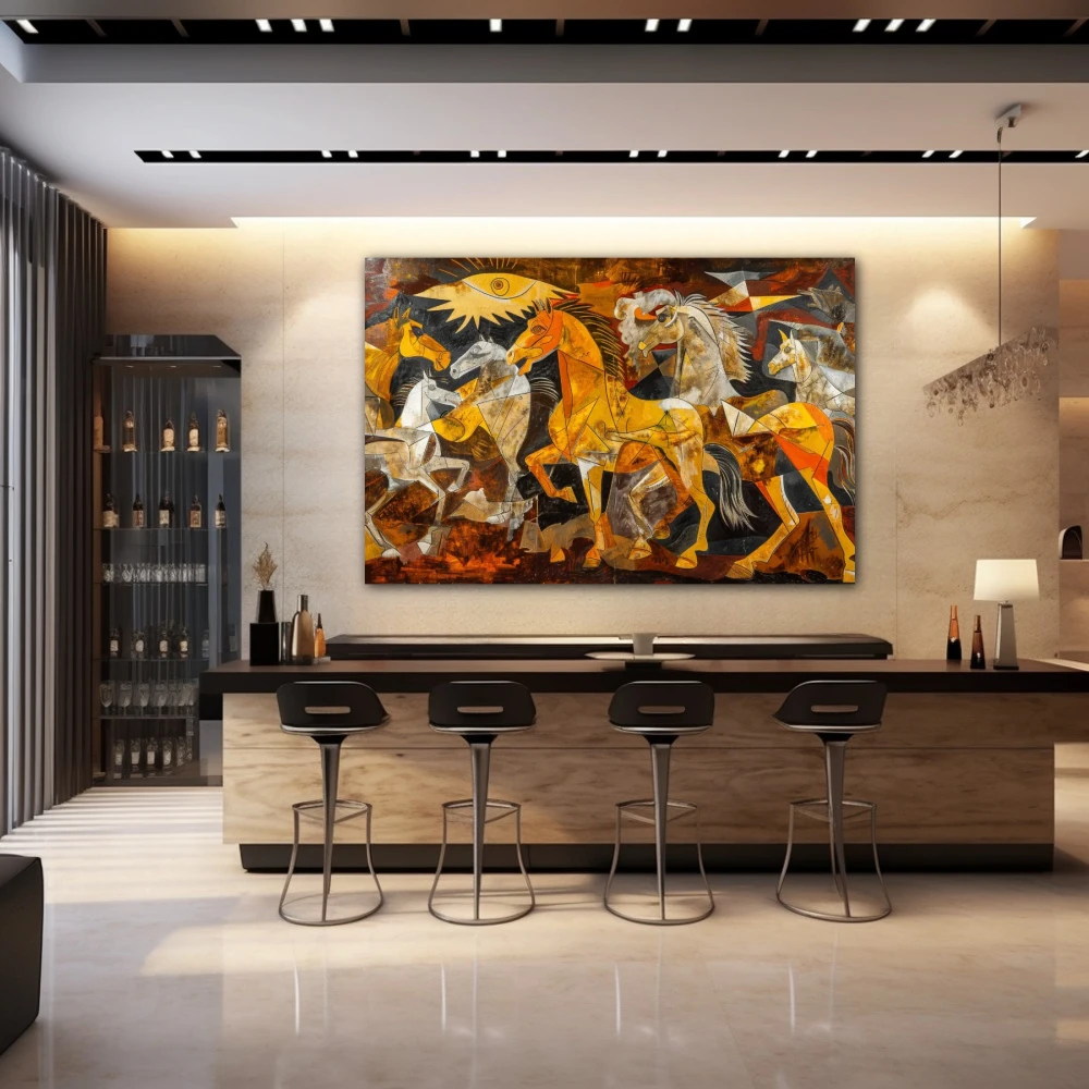 Wall Art titled: Equine Fragments in a Horizontal format with: Yellow, and Brown Colors; Decoration the Bar wall