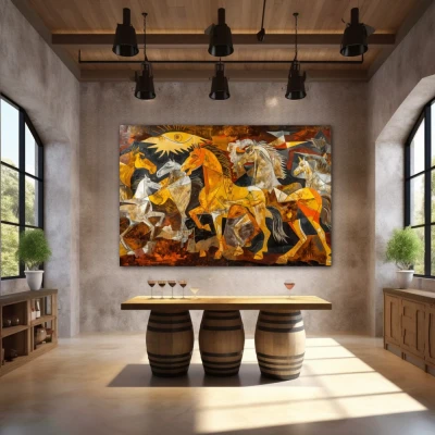 Wall Art titled: Equine Fragments in a Horizontal format with: Yellow, and Brown Colors; Decoration the Winery wall