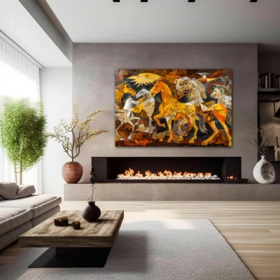 Wall Art titled: Equine Fragments in a Horizontal format with: Yellow, and Brown Colors; Decoration the Fireplace wall