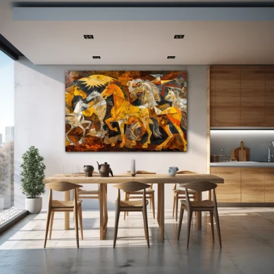 Wall Art titled: Equine Fragments in a Horizontal format with: Yellow, and Brown Colors; Decoration the Kitchen wall