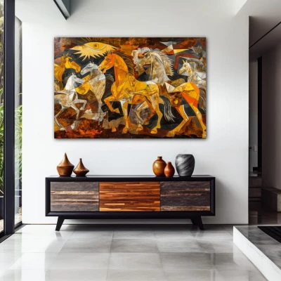 Wall Art titled: Equine Fragments in a  format with: Yellow, and Brown Colors; Decoration the Entryway wall