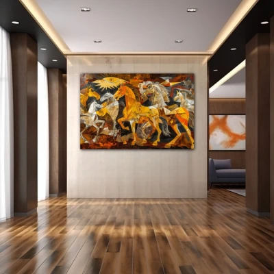 Wall Art titled: Equine Fragments in a Horizontal format with: Yellow, and Brown Colors; Decoration the Hallway wall