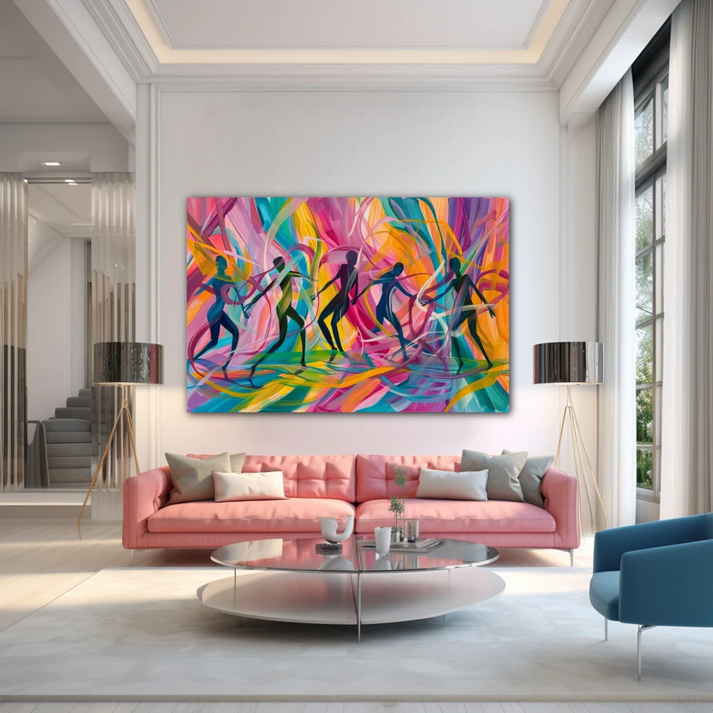 Cuadro efluvios de vitalidad en formato horizontal con colores morado, violeta, pastel; decorando pared de encima del sofá