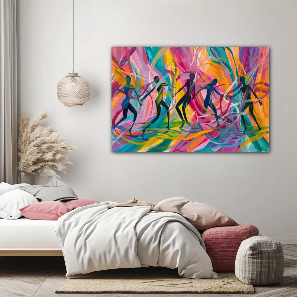 Cuadro efluvios de vitalidad en formato horizontal con colores morado, violeta, pastel; decorando pared de habitación dormitorio